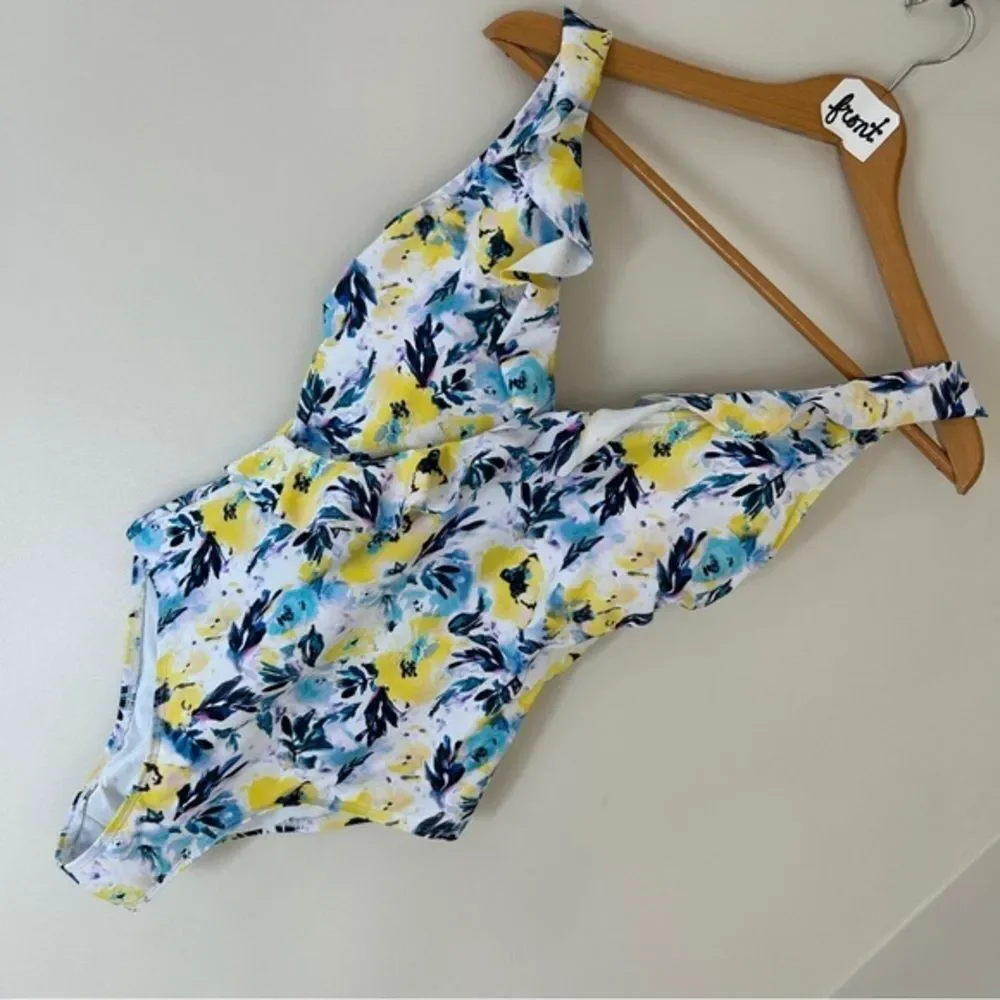 Niptuck 6 Yellow Blue White Floral One Piece Swimsuit Beach Retro Boardwalk Chic